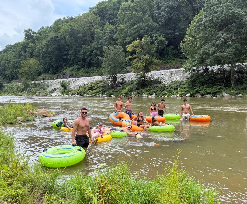 Toe River Tubing 1 Group of guests tubing together on the North Toe River near Bakersville, North Carolina